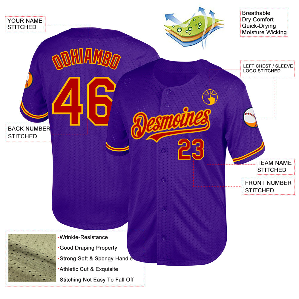 Custom Purple Red-Gold Mesh Authentic Throwback Baseball Jersey - Sky-Custom