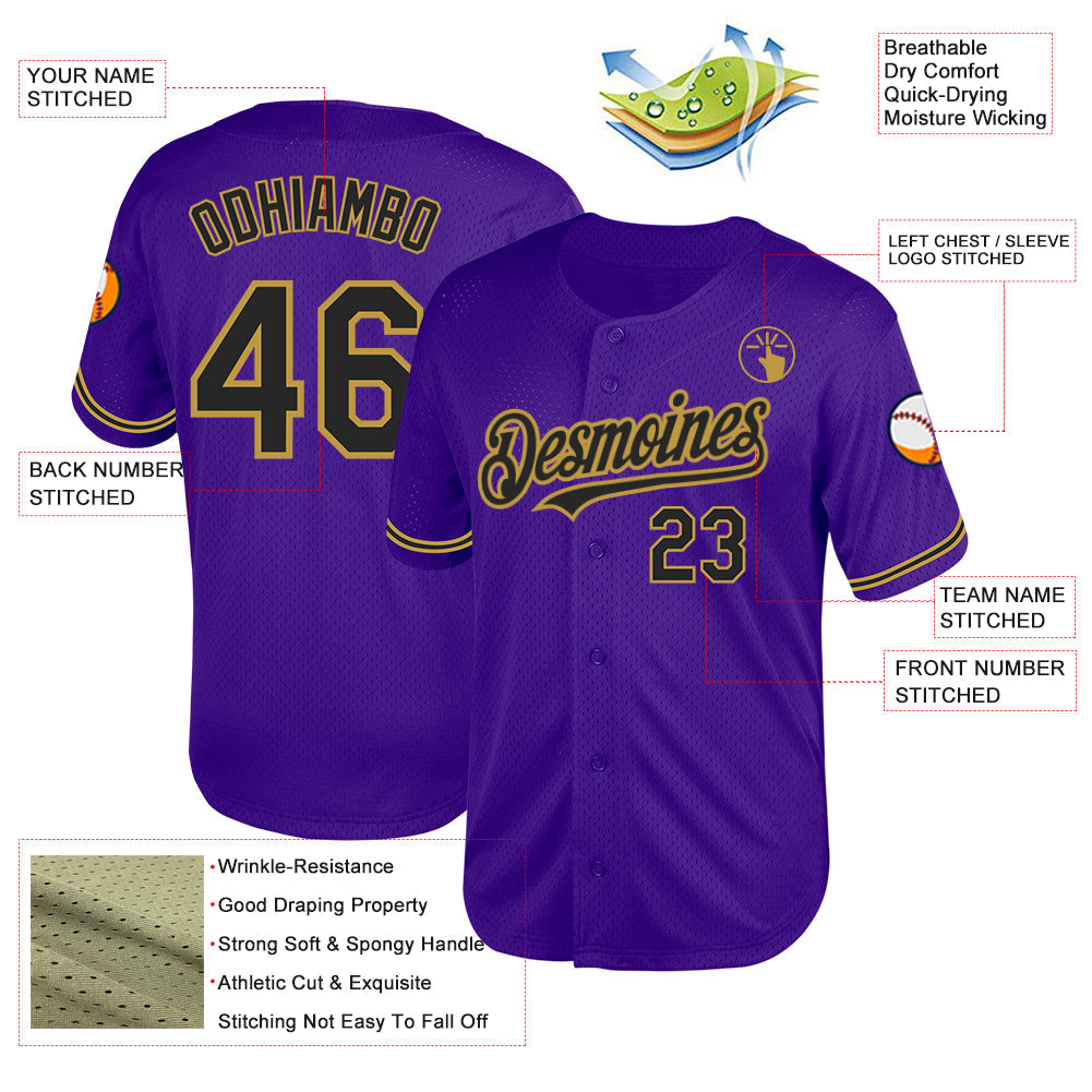 Custom Purple Black-Old Gold Mesh Authentic Throwback Baseball Jersey - Sky-Custom