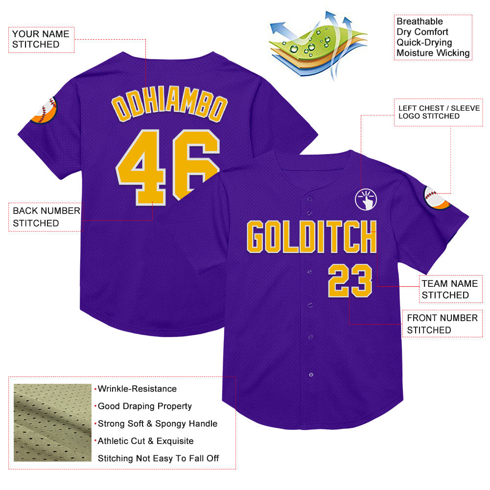 Custom Purple Gold-White Mesh Authentic Throwback Baseball Jersey - Sky-Custom