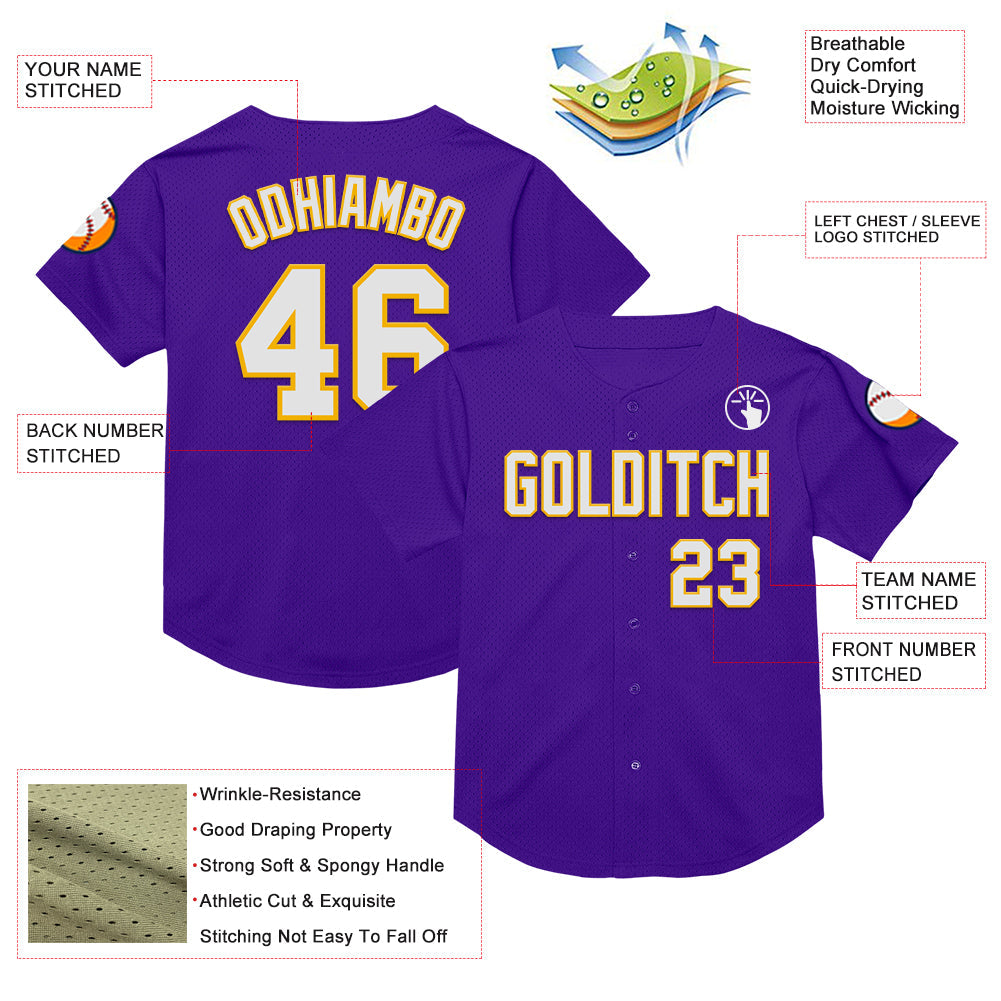 Custom Purple White-Gold Mesh Authentic Throwback Baseball Jersey - Sky-Custom