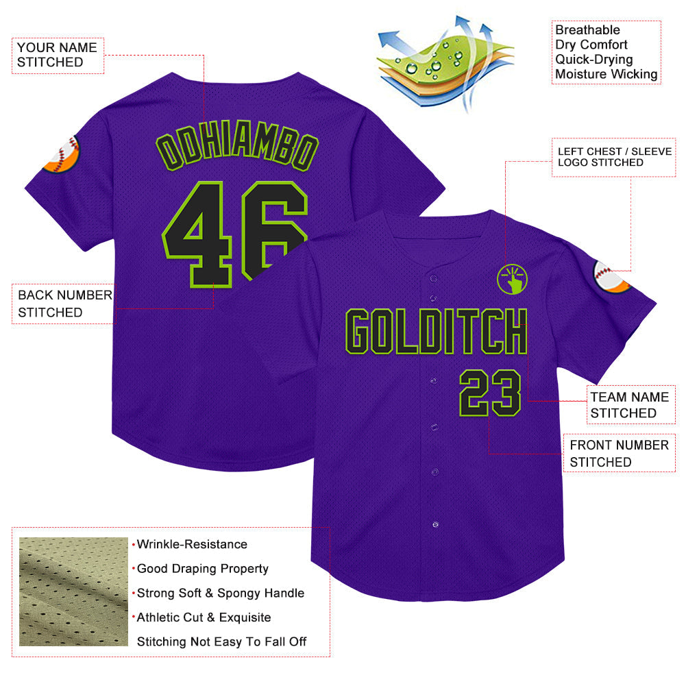 Custom Purple Black-Neon Green Mesh Authentic Throwback Baseball Jersey - Sky-Custom