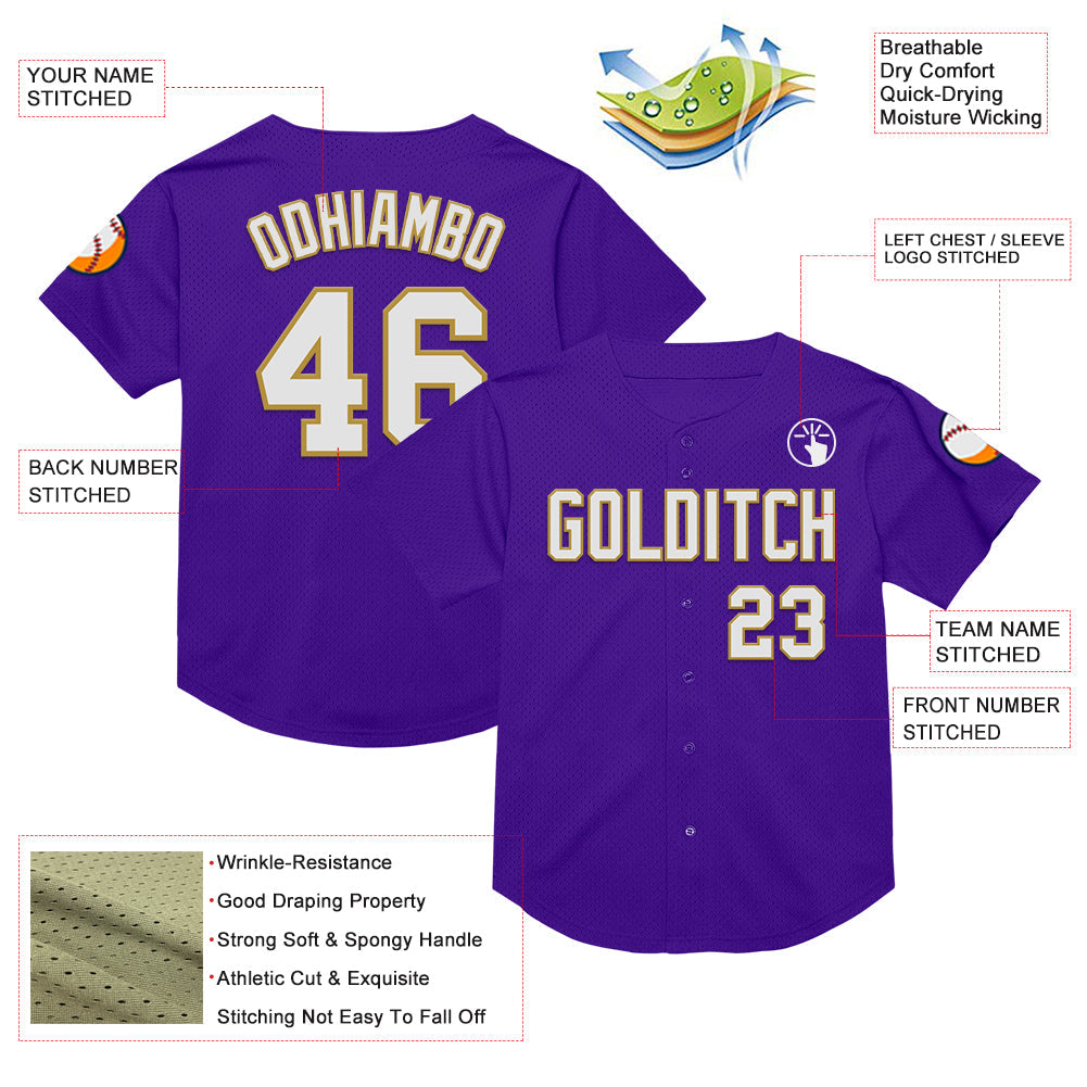 Custom Purple White-Old Gold Mesh Authentic Throwback Baseball Jersey - Sky-Custom