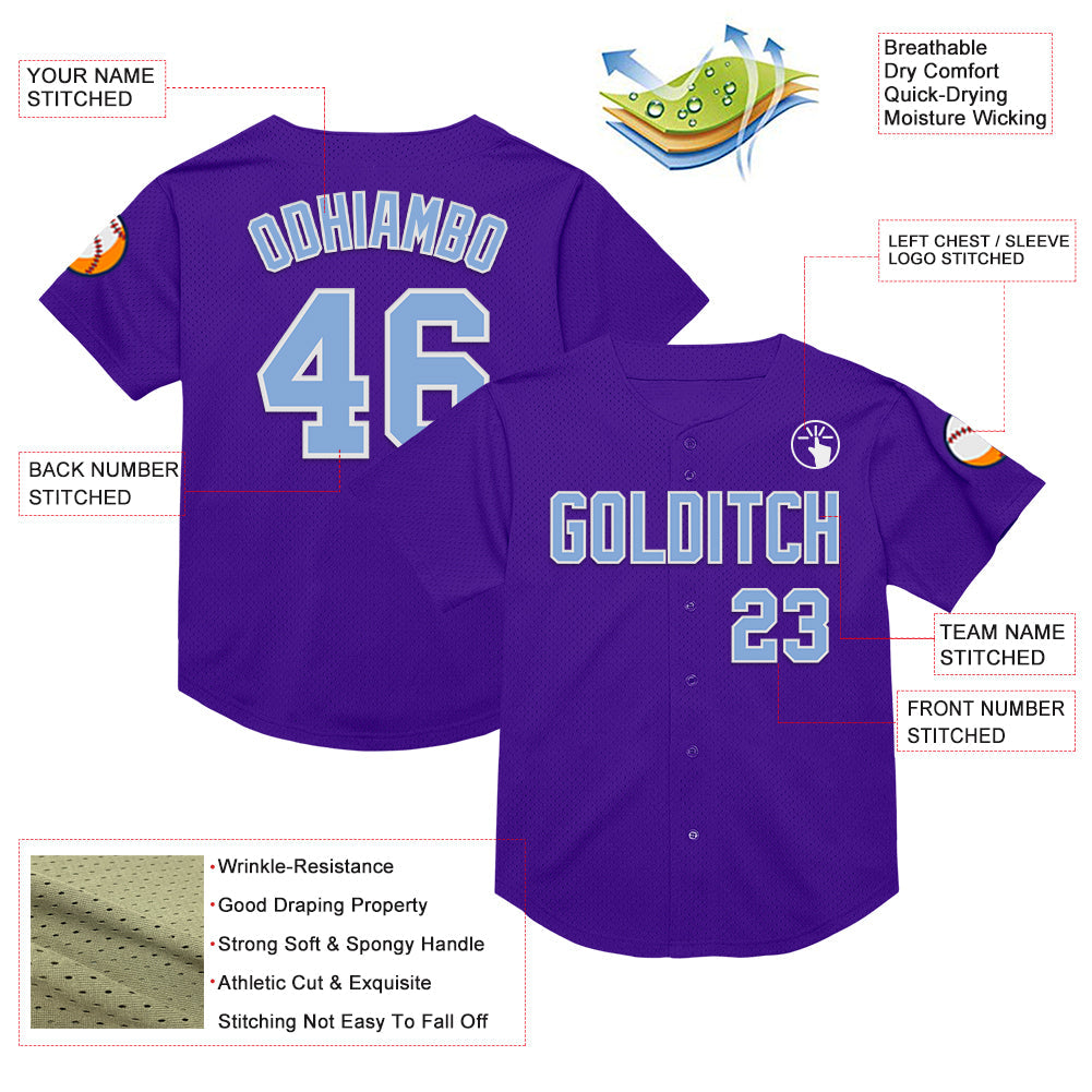 Custom Purple Light Blue-White Mesh Authentic Throwback Baseball Jersey - Sky-Custom