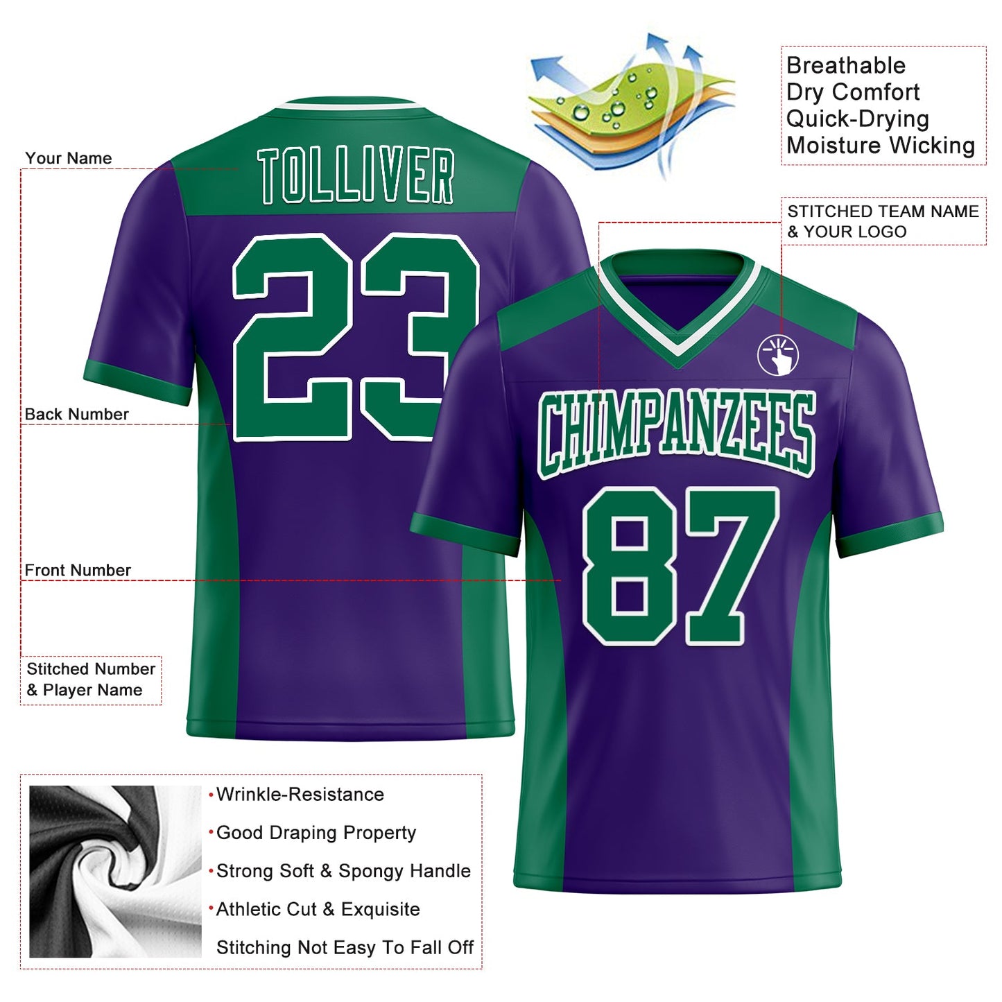 Custom Purple Kelly Green-White Mesh Authentic Football Jersey - Sky-Custom