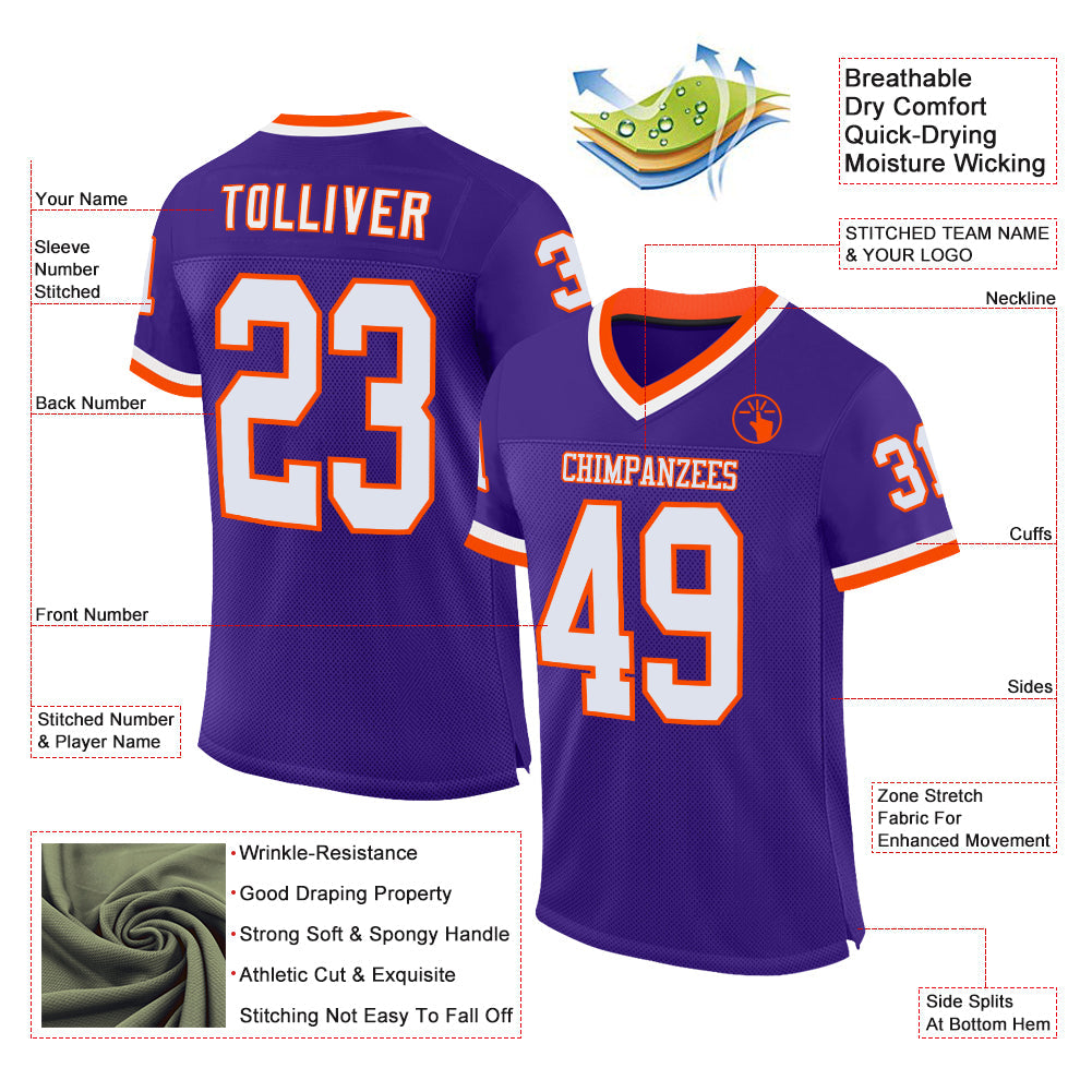 Custom Purple White-Orange Mesh Authentic Throwback Football Jersey - Sky-Custom