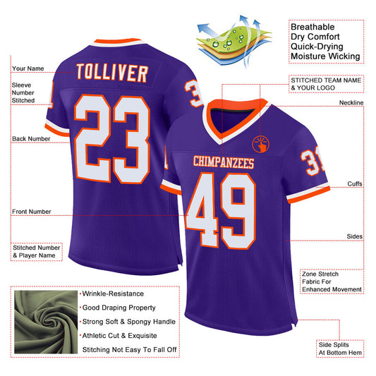 Custom Purple White-Orange Mesh Authentic Throwback Football Jersey - Sky-Custom
