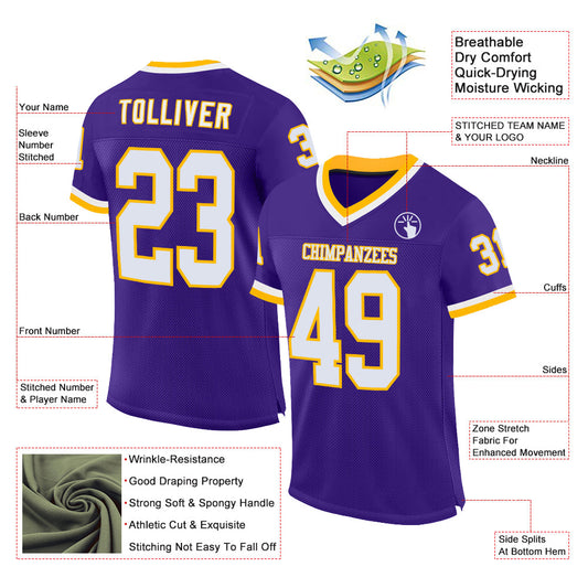 Custom Purple White-Gold Mesh Authentic Throwback Football Jersey - Sky-Custom