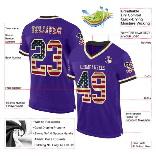 Custom Purple Vintage USA Flag Cream-Black Mesh Authentic Throwback Football Jersey - Sky-Custom
