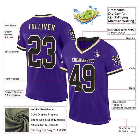 Custom Purple Black-Cream Mesh Authentic Throwback Football Jersey - Sky-Custom