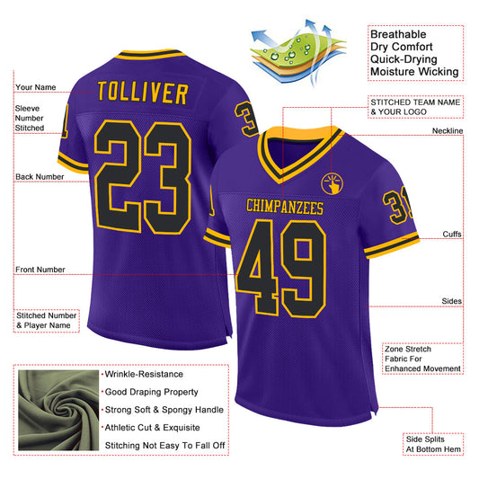 Custom Purple Black-Gold Mesh Authentic Throwback Football Jersey - Sky-Custom
