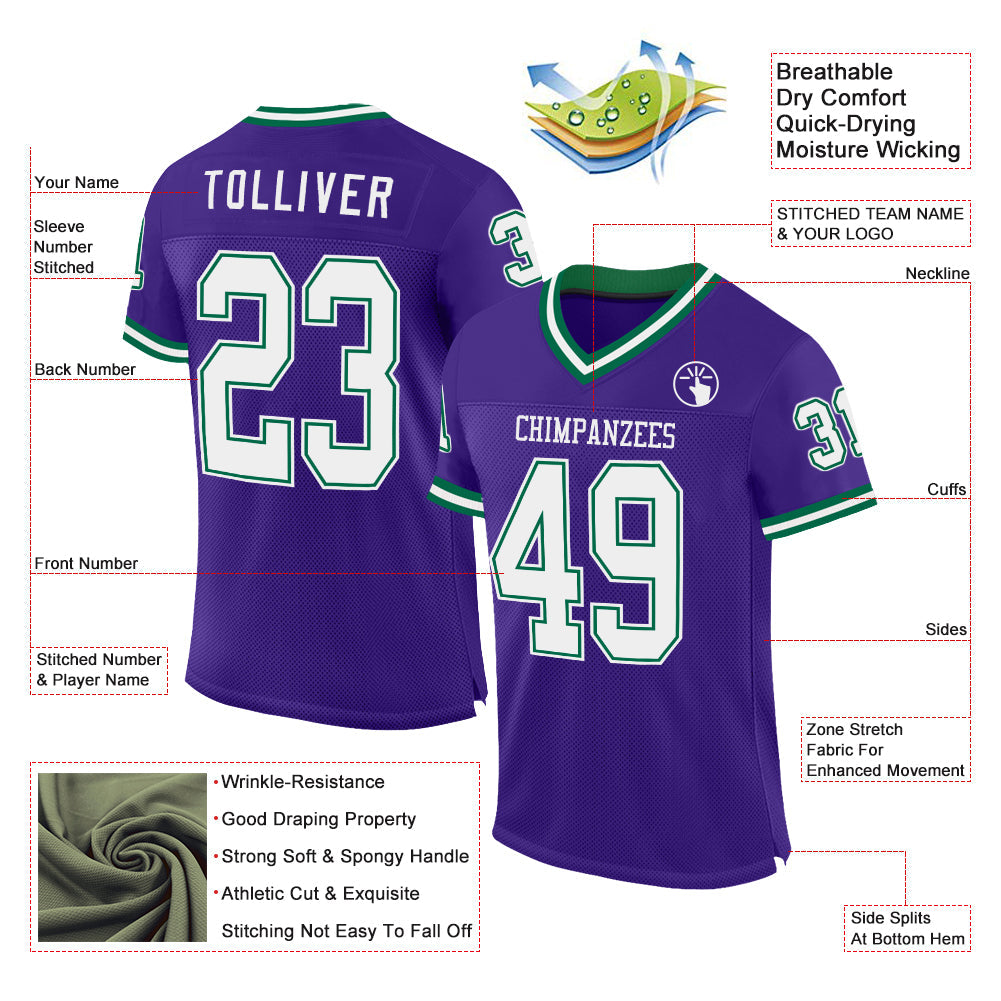 Custom Purple White-Kelly Green Mesh Authentic Throwback Football Jersey - Sky-Custom