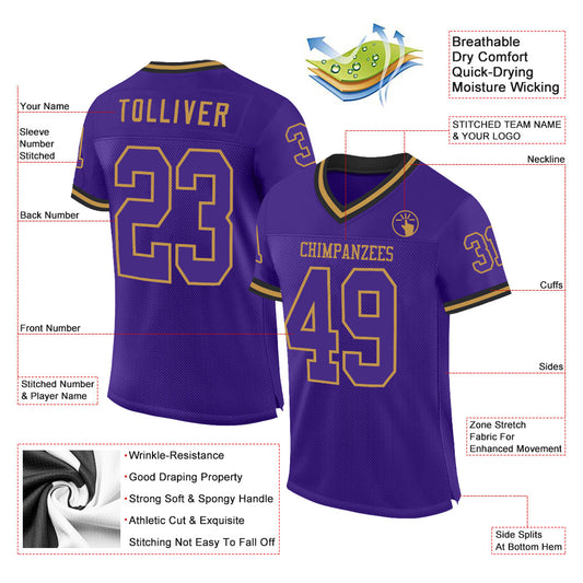 Custom Purple Old Gold-Black Mesh Authentic Throwback Football Jersey - Sky-Custom