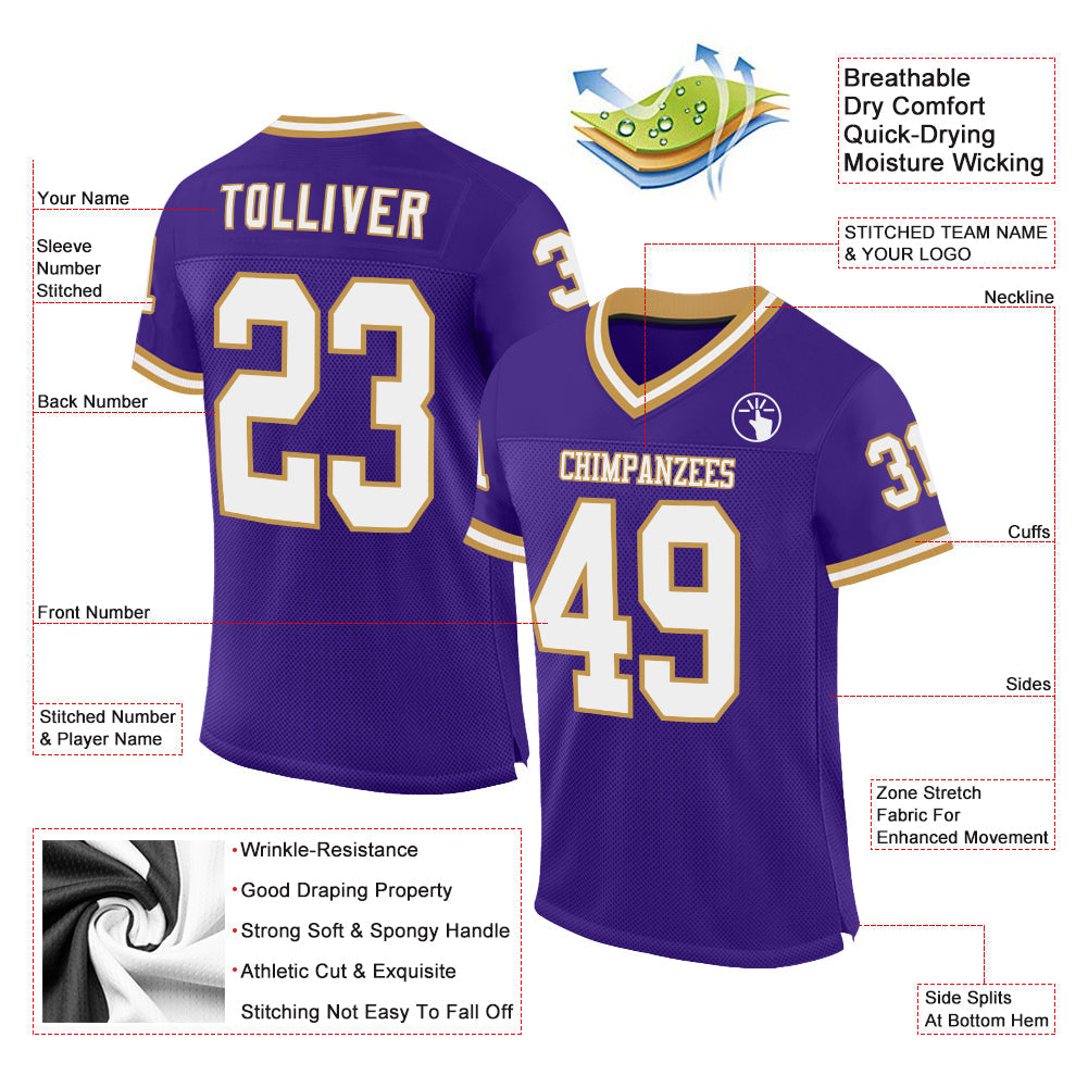 Custom Purple White-Old Gold Mesh Authentic Throwback Football Jersey - Sky-Custom