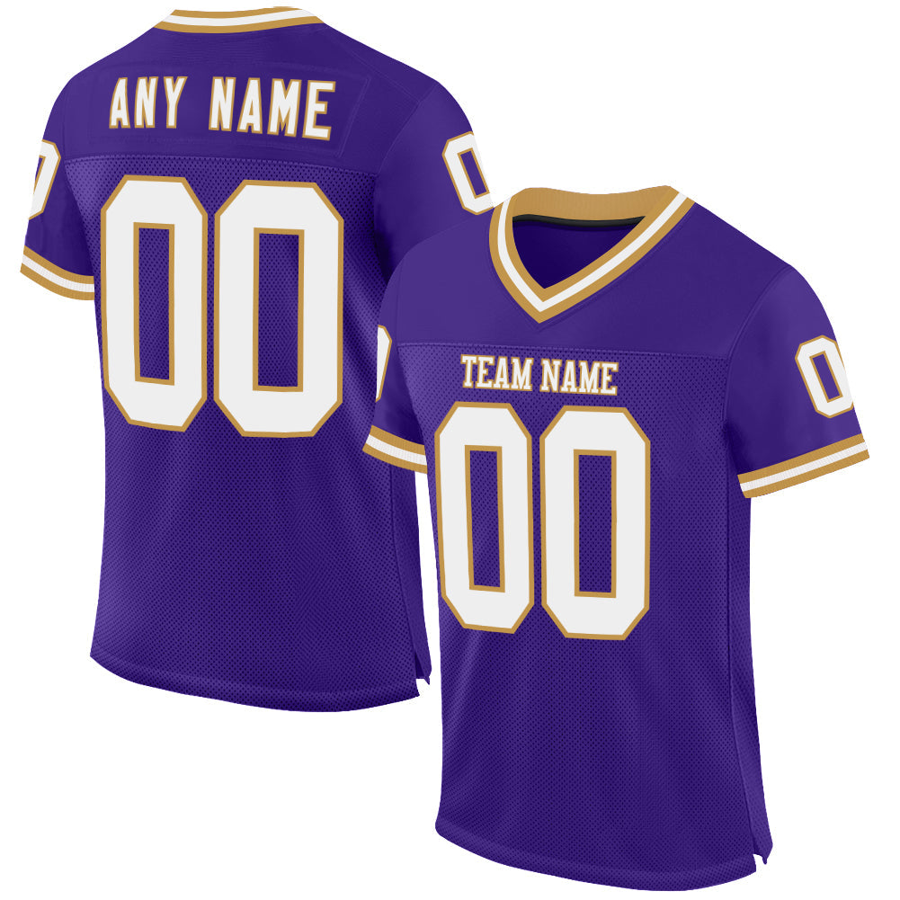 Custom Purple White-Old Gold Mesh Authentic Throwback Football Jersey - Sky-Custom