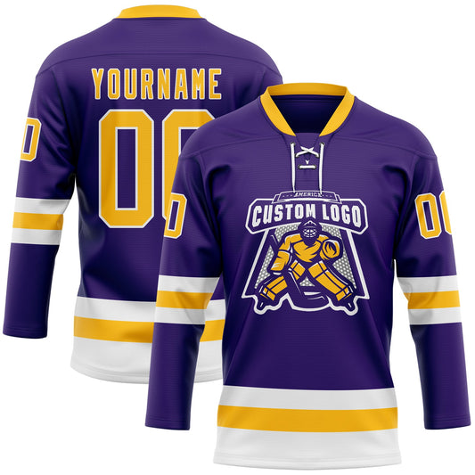 Custom Purple Gold-White Hockey Lace Neck Jersey - Sky-Custom