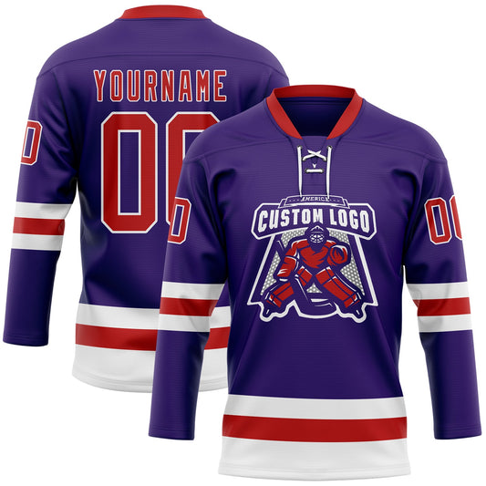 Custom Purple Red-White Hockey Lace Neck Jersey - Sky-Custom