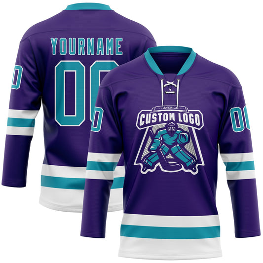 Custom Purple Teal-White Hockey Lace Neck Jersey - Sky-Custom