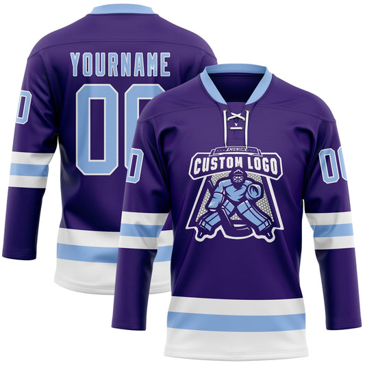 Custom Purple Light Blue-White Hockey Lace Neck Jersey - Sky-Custom