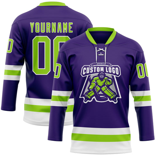 Custom Purple Neon Green-White Hockey Lace Neck Jersey - Sky-Custom