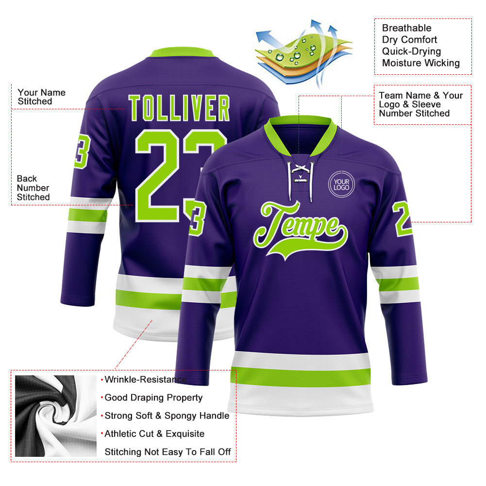 Custom Purple Neon Green-White Hockey Lace Neck Jersey - Sky-Custom