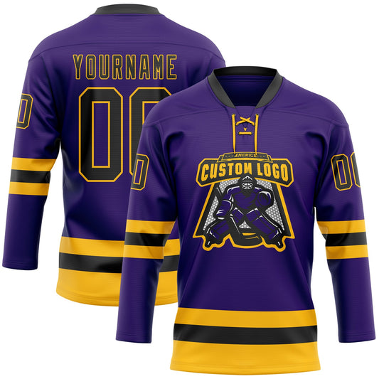 Custom Purple Black-Gold Hockey Lace Neck Jersey - Sky-Custom