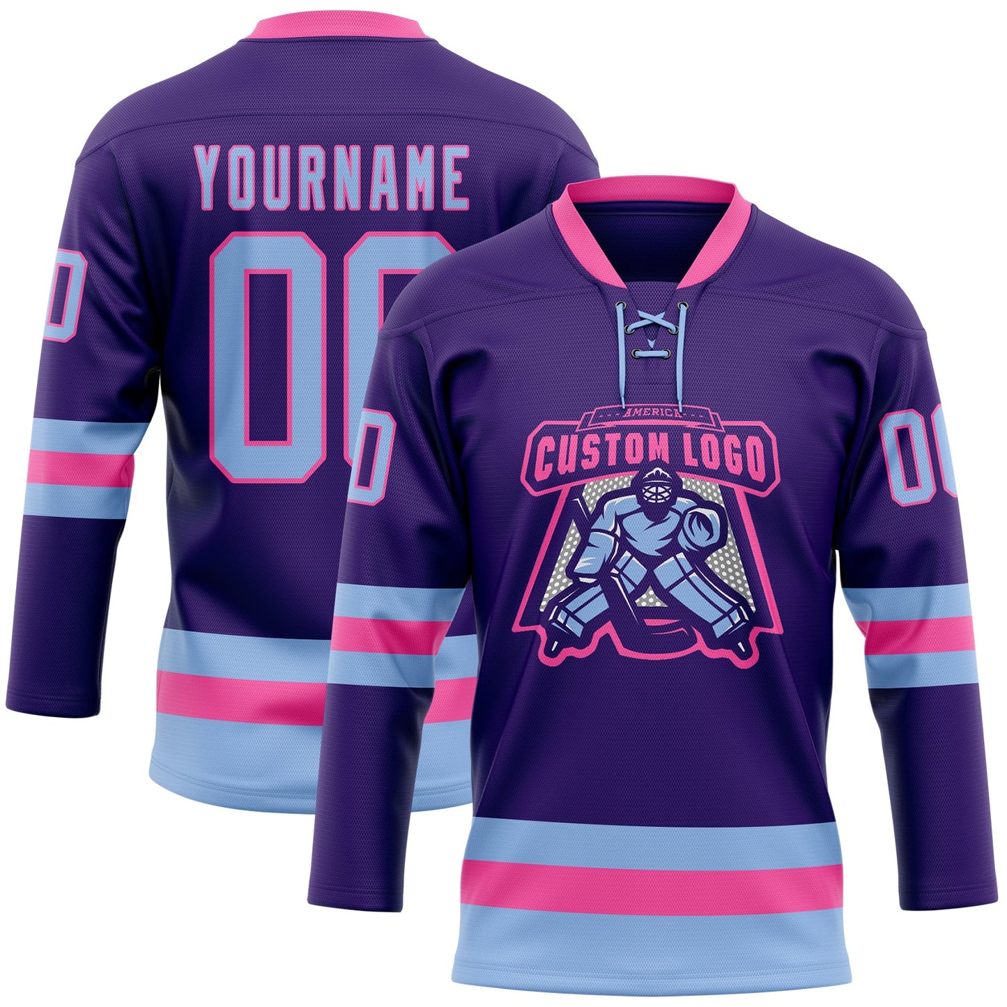 Custom Purple Light Blue-Pink Hockey Lace Neck Jersey - Sky-Custom