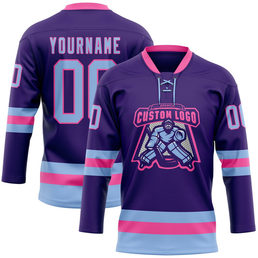 Custom Purple Light Blue-Pink Hockey Lace Neck Jersey - Sky-Custom