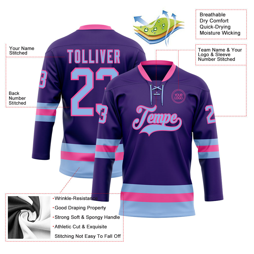 Custom Purple Light Blue-Pink Hockey Lace Neck Jersey - Sky-Custom