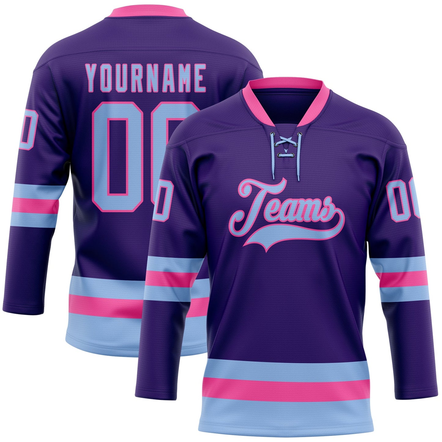 Custom Purple Light Blue-Pink Hockey Lace Neck Jersey - Sky-Custom