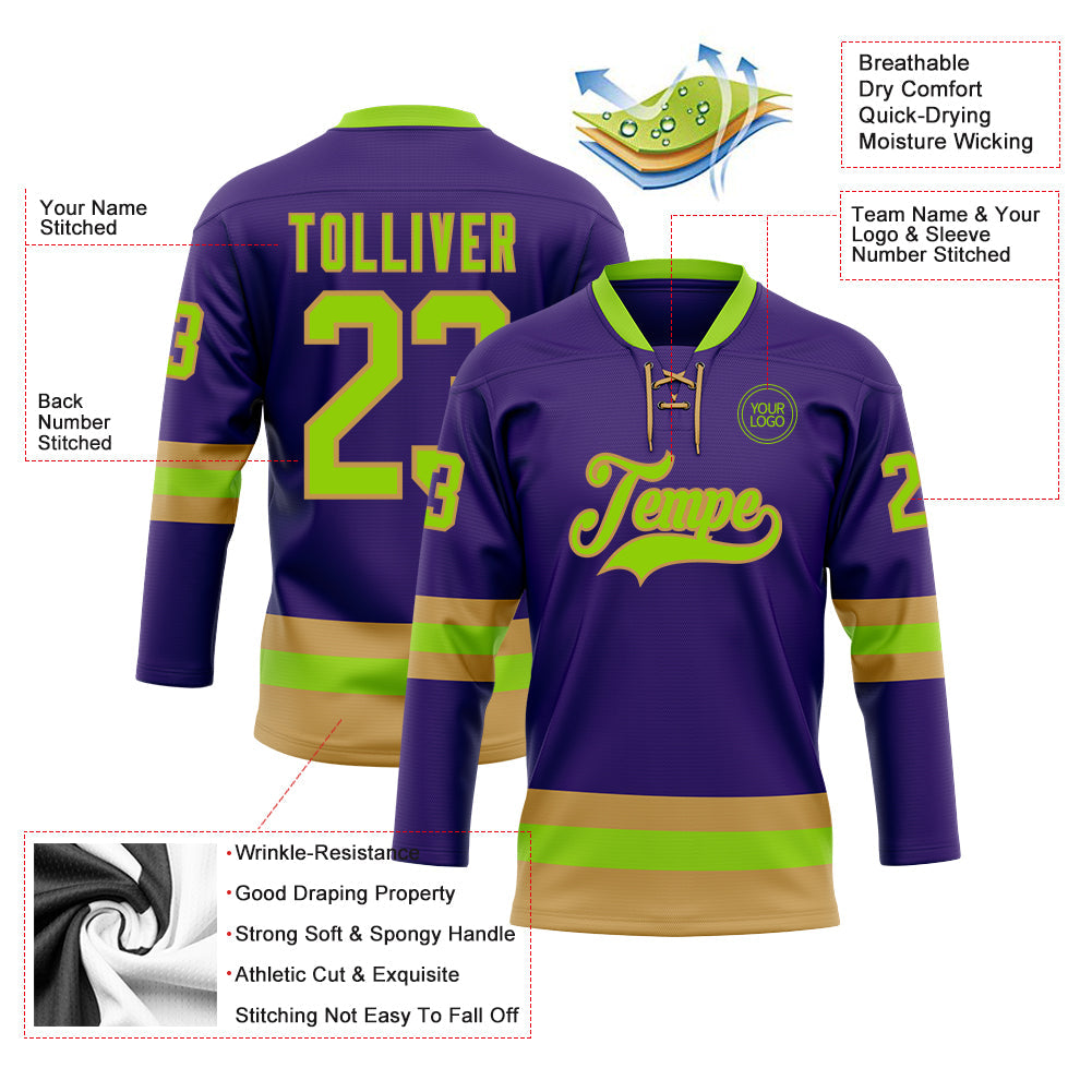 Custom Purple Neon Green-Old Gold Hockey Lace Neck Jersey - Sky-Custom