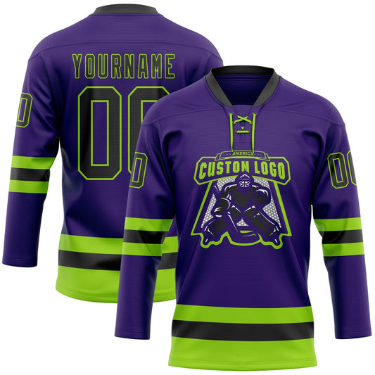 Custom Purple Black-Neon Green Hockey Lace Neck Jersey - Sky-Custom