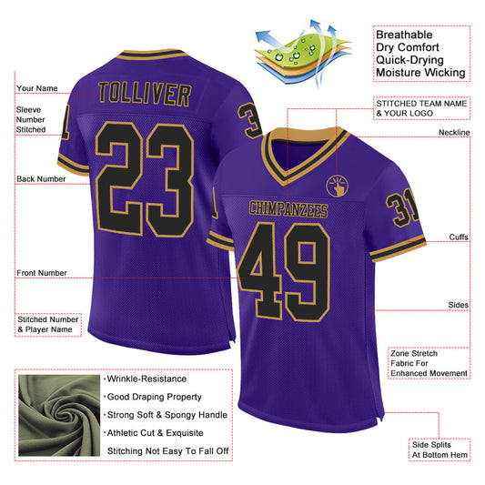 Custom Purple Black-Old Gold Mesh Authentic Throwback Football Jersey - Sky-Custom