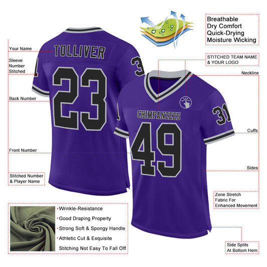 Custom Purple Black-Gray Mesh Authentic Throwback Football Jersey - Sky-Custom