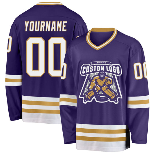 Custom Purple White-Old Gold Hockey Jersey - Sky-Custom