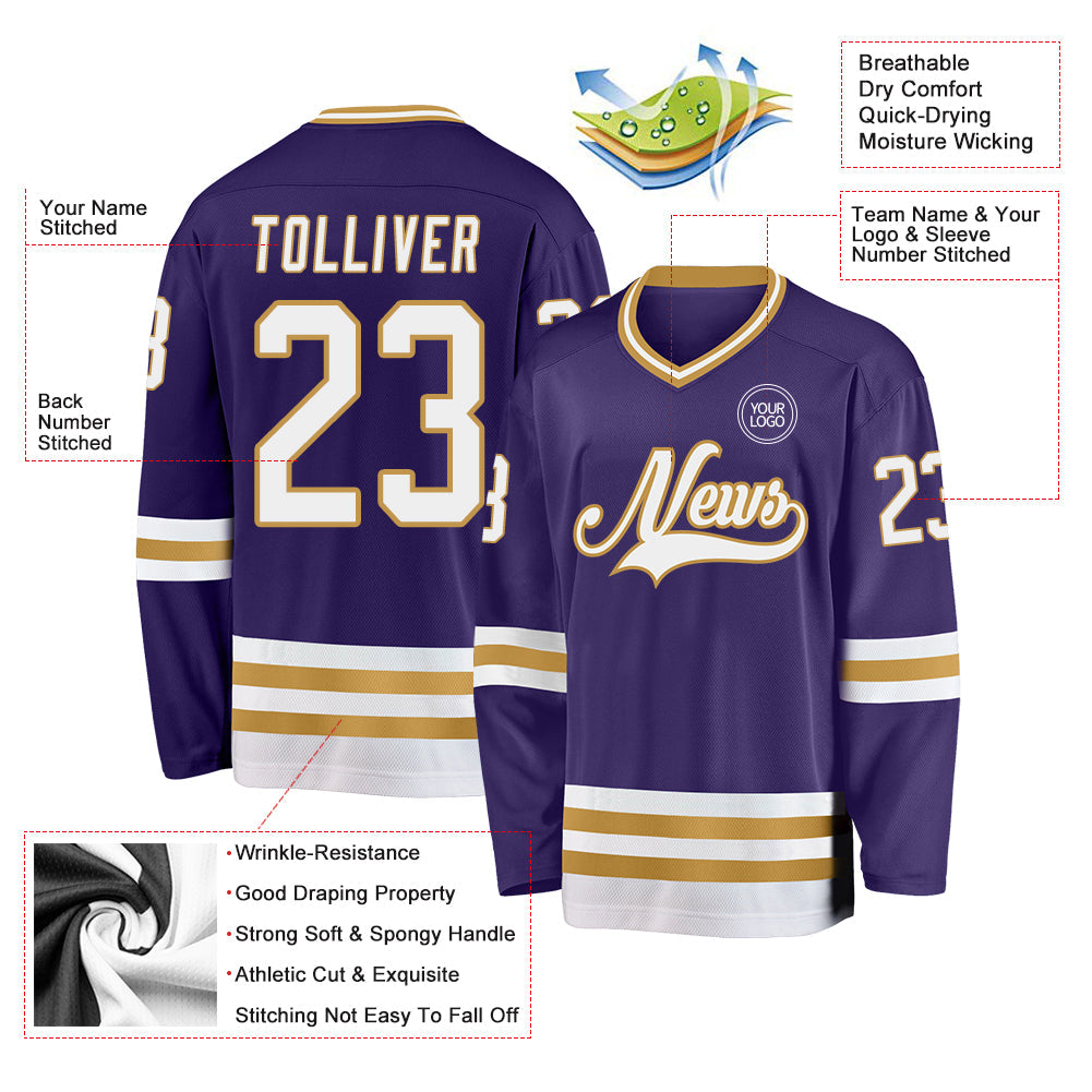 Custom Purple White-Old Gold Hockey Jersey - Sky-Custom