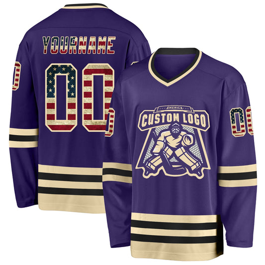 Custom Purple Vintage USA Flag Cream-Black Hockey Jersey - Sky-Custom