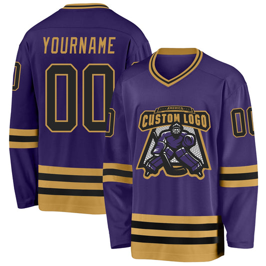 Custom Purple Black-Old Gold Hockey Jersey - Sky-Custom