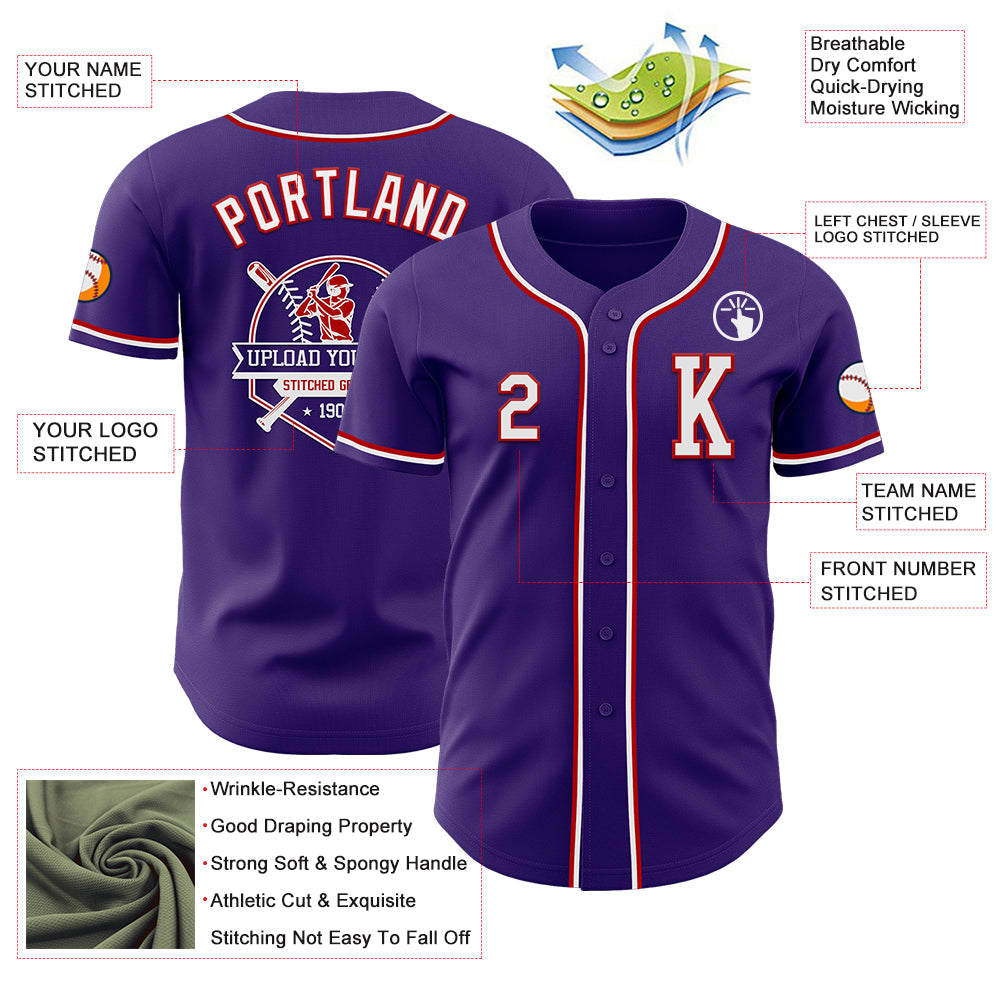 Custom Purple White-Red Authentic Baseball Jersey - Sky-Custom