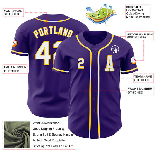 Custom Purple White-Yellow Authentic Baseball Jersey - Sky-Custom