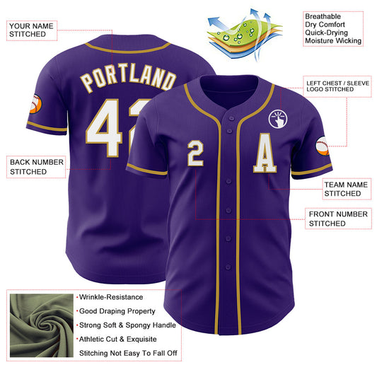 Custom Purple White-Old Gold Authentic Baseball Jersey - Sky-Custom
