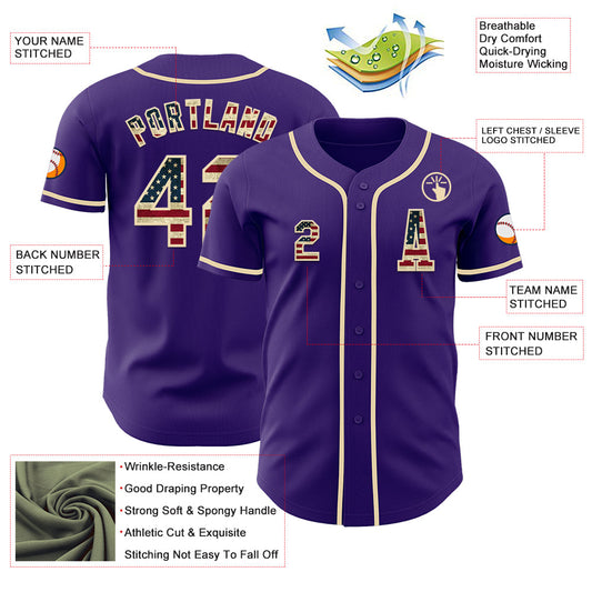 Custom Purple Vintage USA Flag-Cream Authentic Baseball Jersey - Sky-Custom