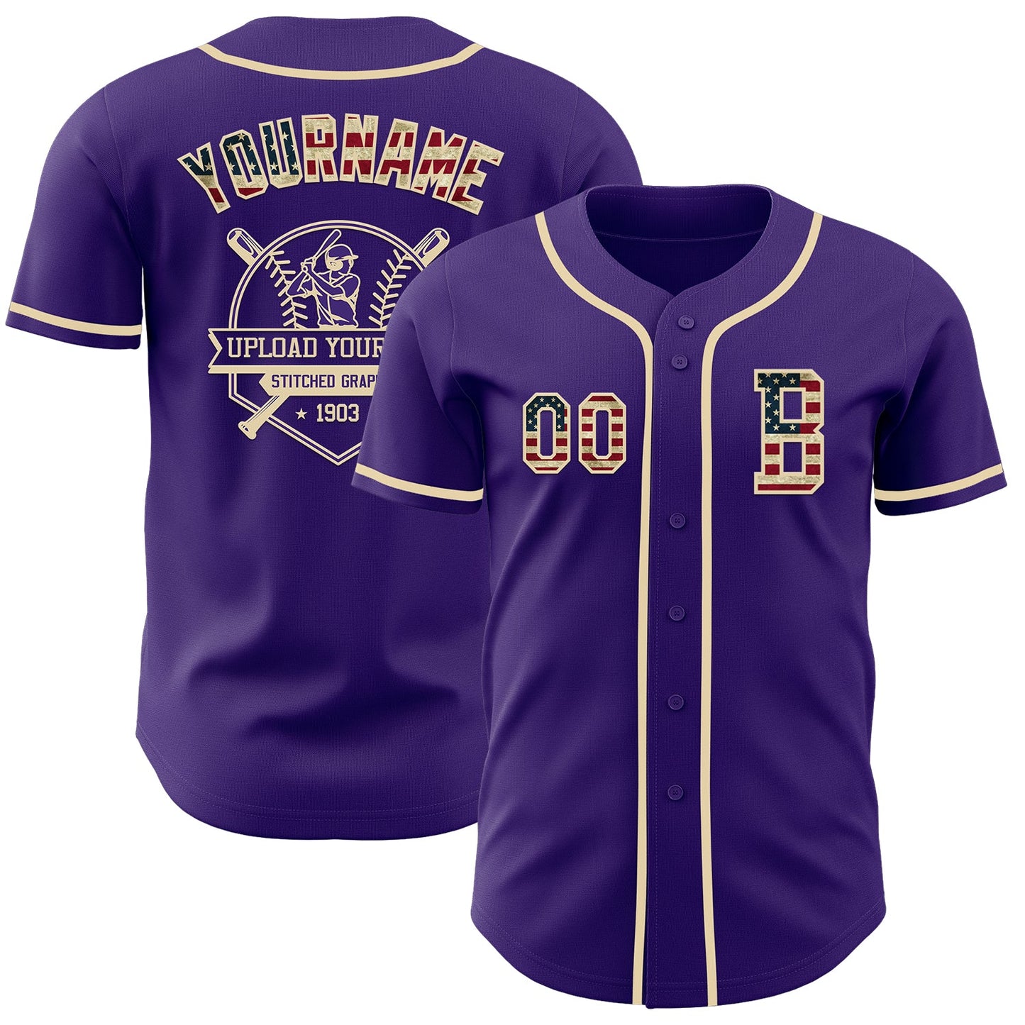 Custom Purple Vintage USA Flag-Cream Authentic Baseball Jersey - Sky-Custom