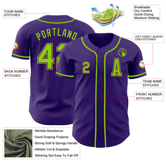 Custom Purple Neon Green-Old Gold Authentic Baseball Jersey - Sky-Custom