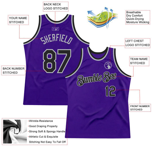 Custom Purple Black-Gray Authentic Throwback Basketball Jersey - Sky-Custom