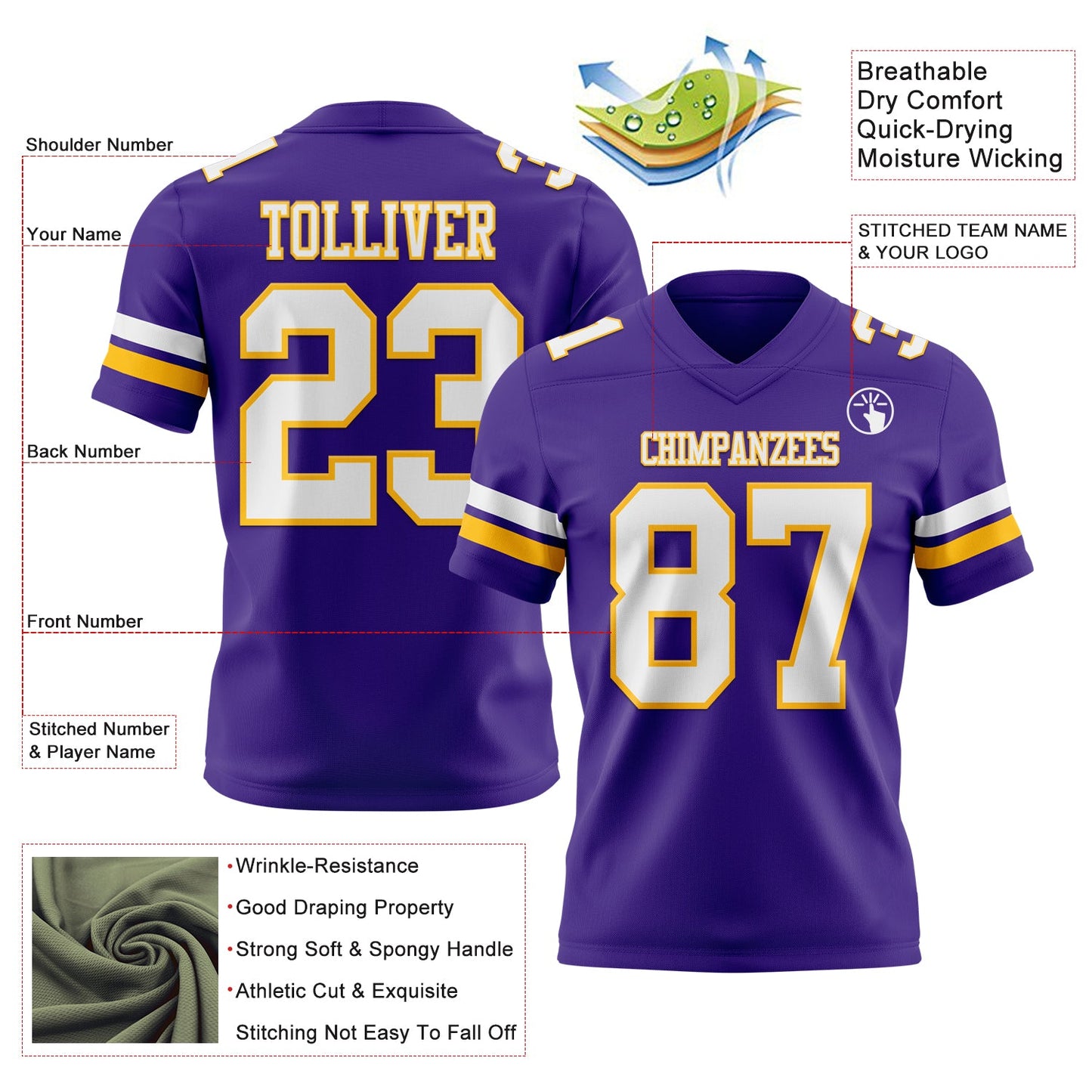Custom Purple White-Gold Mesh Authentic Football Jersey - Sky-Custom