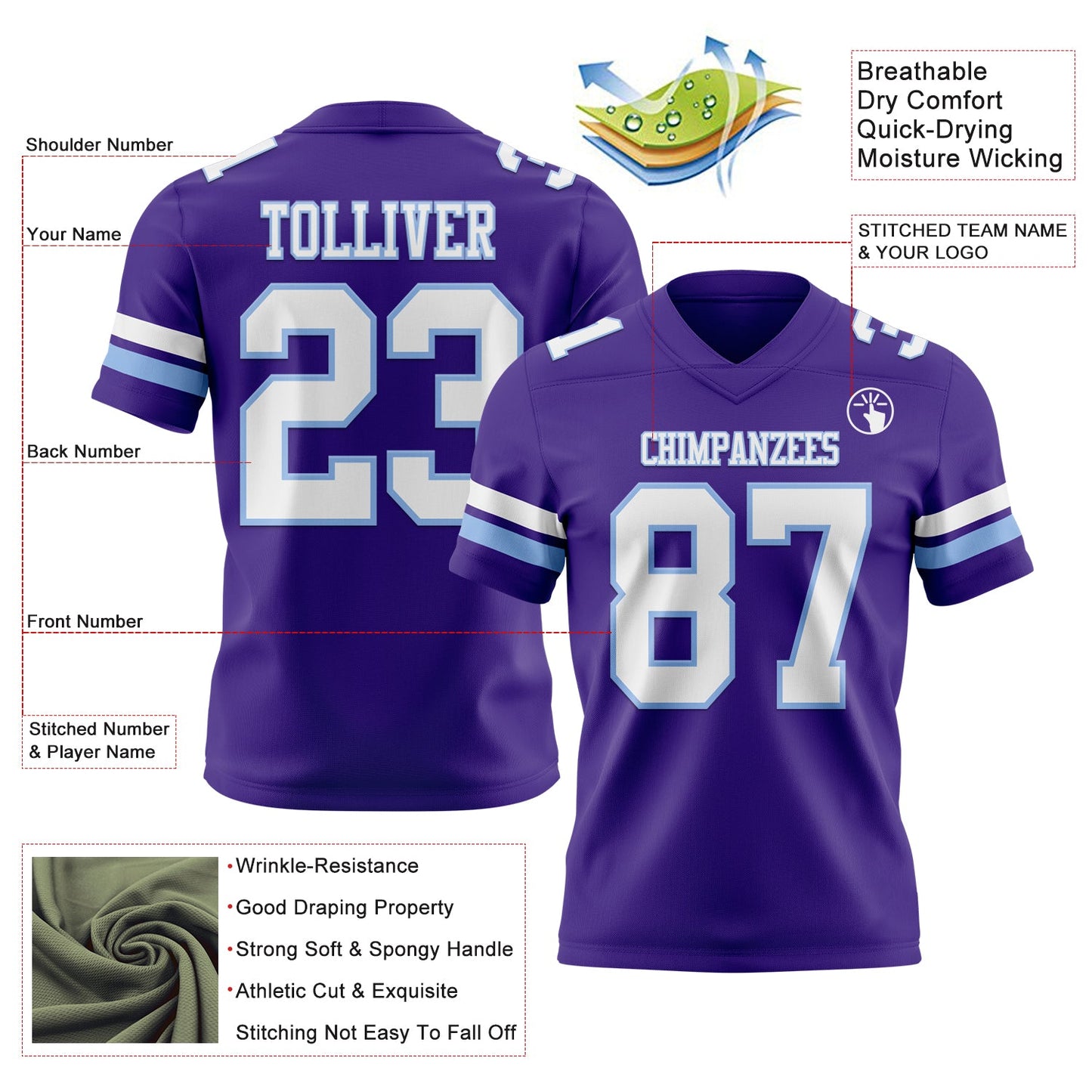 Custom Purple White-Light Blue Mesh Authentic Football Jersey - Sky-Custom