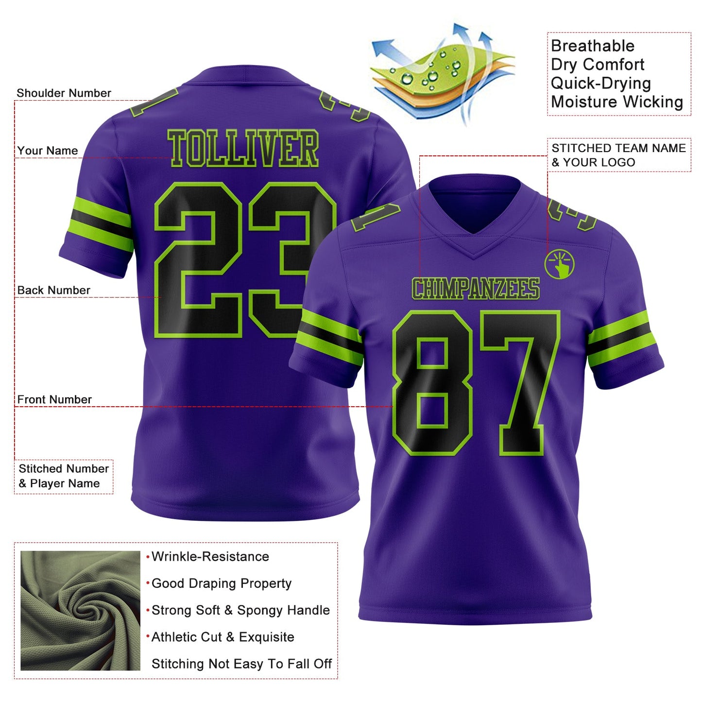 Custom Purple Black-Neon Green Mesh Authentic Football Jersey - Sky-Custom