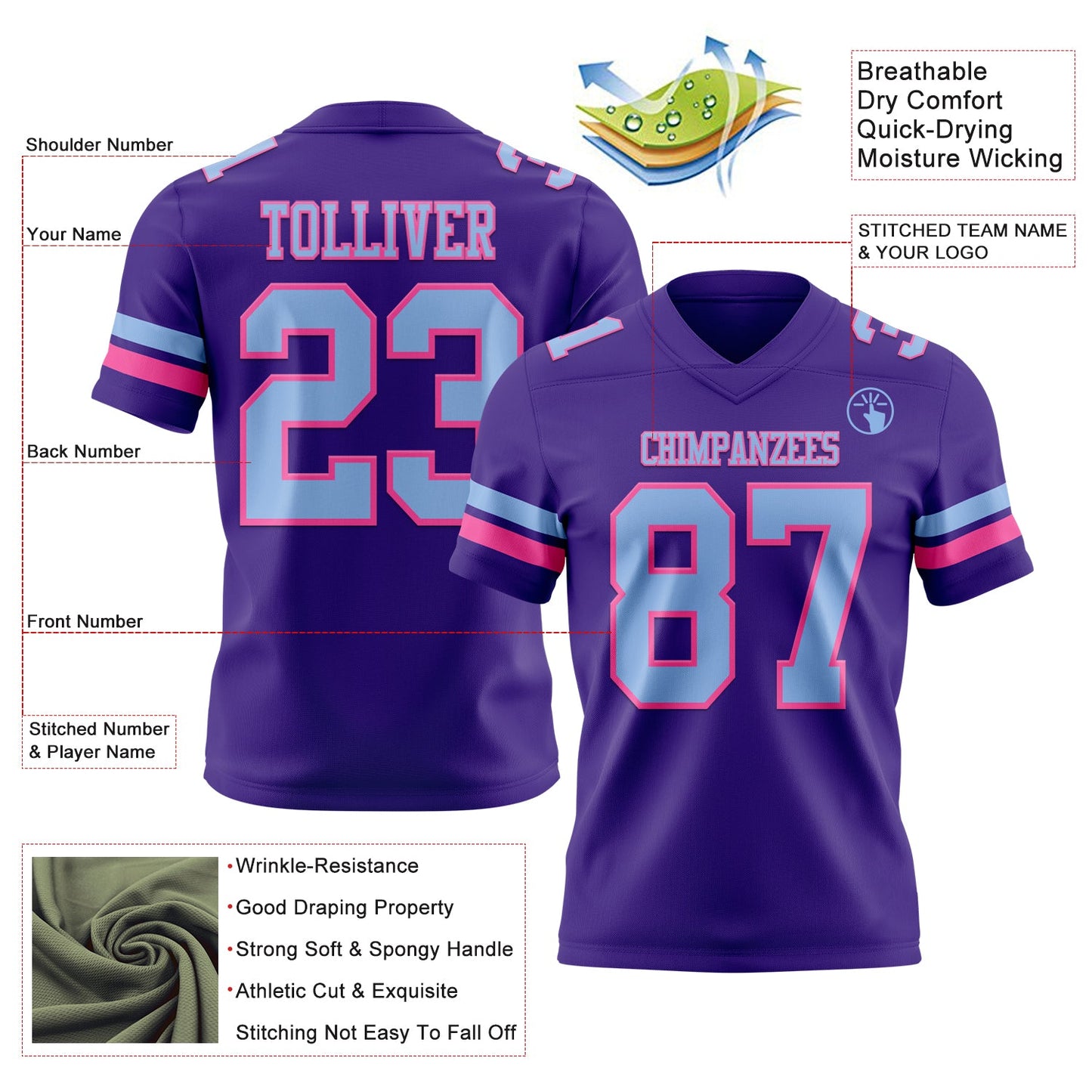 Custom Purple Light Blue-Pink Mesh Authentic Football Jersey - Sky-Custom