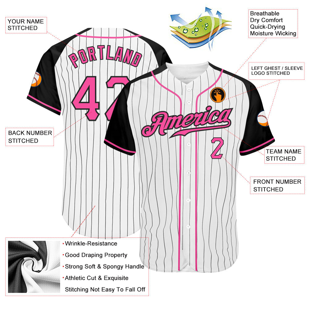 Custom White Black Pinstripe Pink-Black Authentic Raglan Sleeves Baseball Jersey - Sky-Custom