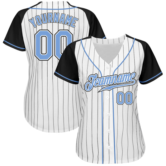 Custom White Black Pinstripe Light Blue-Black Authentic Raglan Sleeves Baseball Jersey - Sky-Custom
